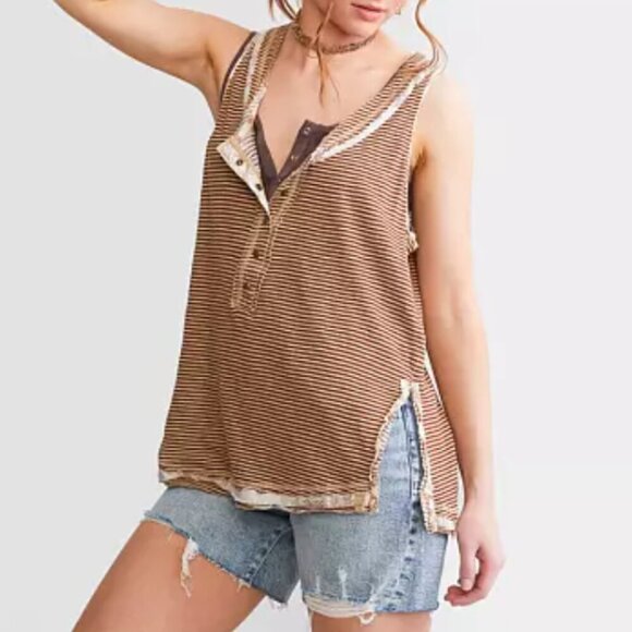 Free People Love Language Henley Tank Top Womens XS Brown Linen Cotton Relaxed - Picture 1 of 5
